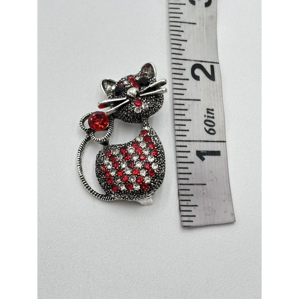 Rhinestone Cat Brooch Red Crystal‎ Silver Tone Kitty Pin Heart Tail Mothers Day